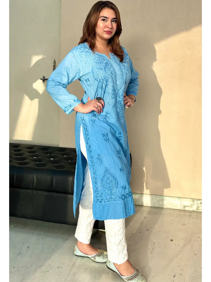 Premium Cyan Blue Dobby Cotton Kurti with White Chikankari Floral Detailing