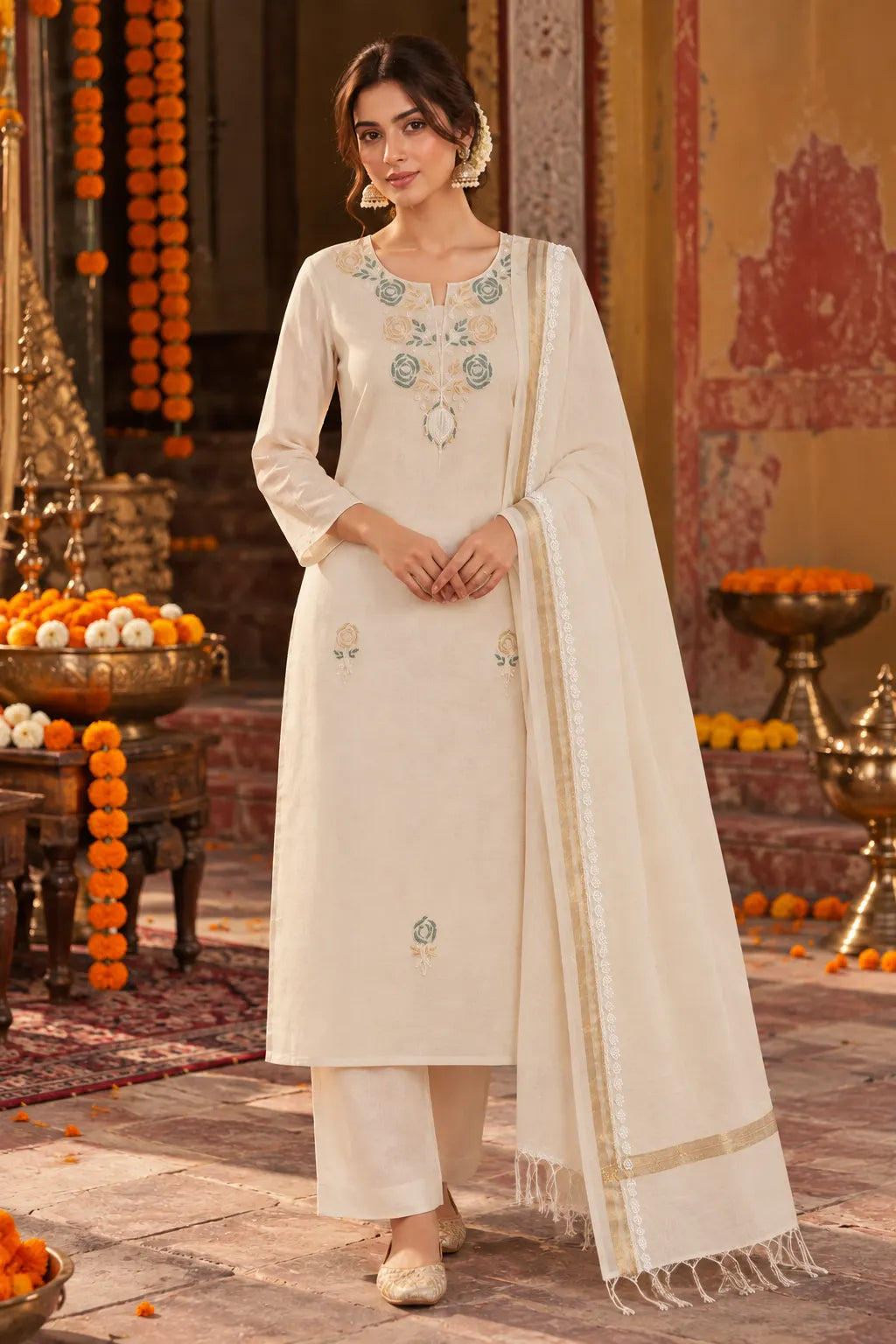 A woman models a traditional Indian salwar kameez suit in off-white with light blue and gold embroidery, paired with a matching off-white dupatta, set against an ornate festive background decorated with orange marigold garlands and brass lamps.
