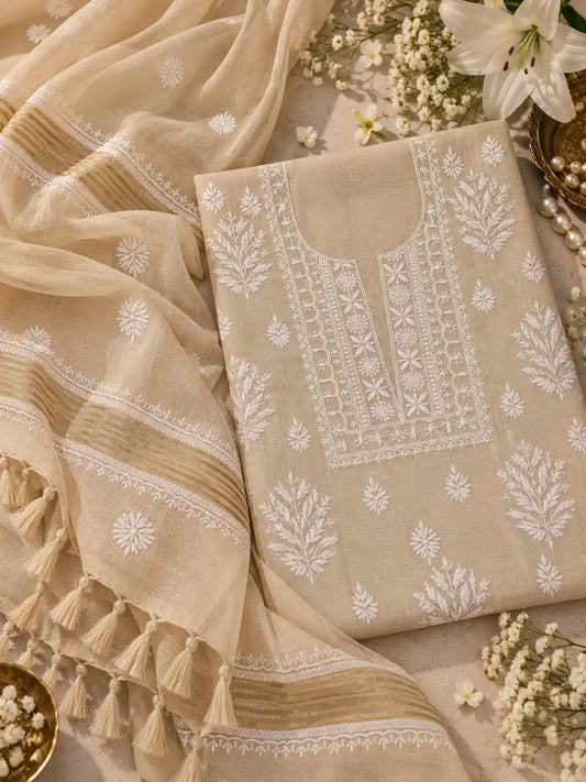 A beige cotton fabric set featuring a kurta with white floral embroidery and a matching sheer dupatta with tassels, styled with white flowers on a neutral background.