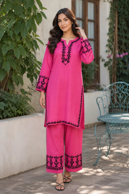 Premium Hot Pink Soft Rayon Embroidered Kurta Palazzo Set for Women with Black Floral Embroidery