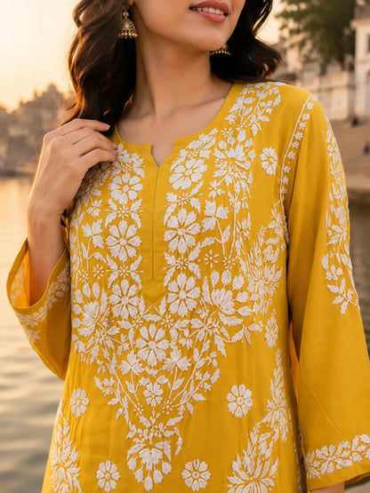 Premium Mustard Yellow Rayon Chikankari Kurta Palazzo Set for Women with Handcrafted Lucknowi Embroidery