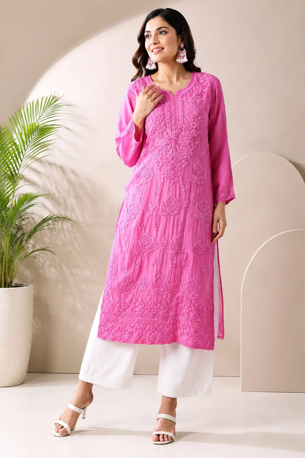 Premium Pink Modal Satin Lucknowi Chikankari Embroidered Kurti for Women with White Palazzo