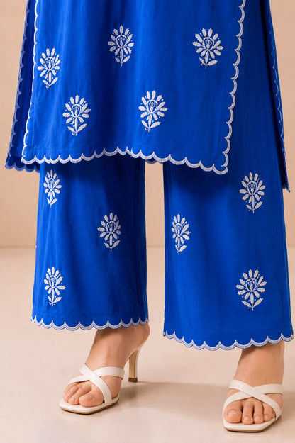 Premium Royal Blue Soft Rayon Cutwork Kurta Palazzo Set for Women with White Embroidery