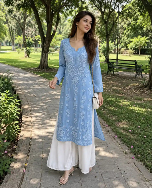 Premium Sky Blue Modal Satin Lucknowi Chikankari Kurti for Women with White Hand Embroidery