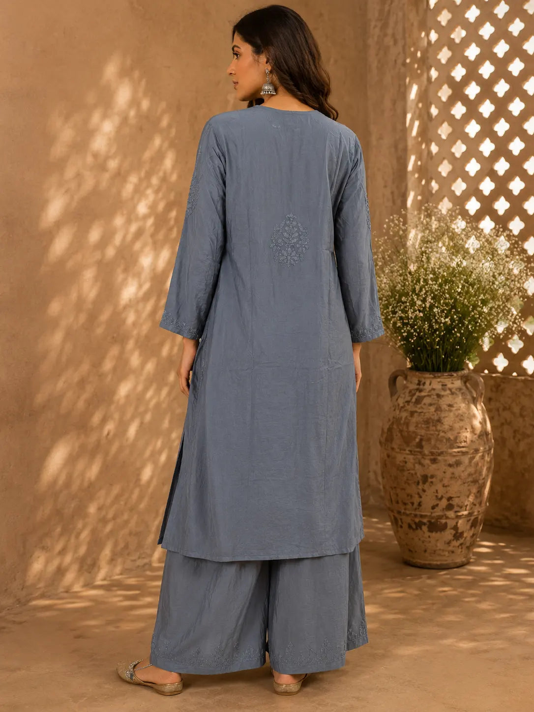 Premium Slate Blue Muslin Kurta Palazzo Set with intricate floral embroidery