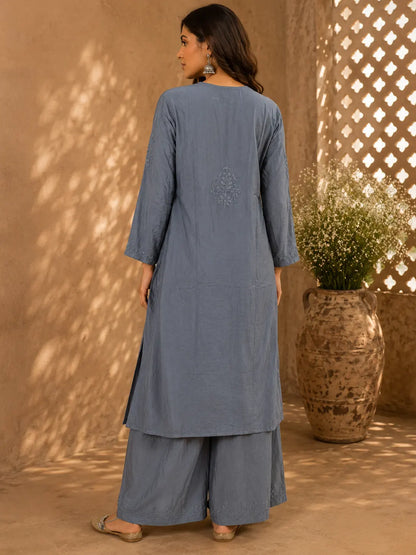 Premium Slate Blue Muslin Kurta Palazzo Set with intricate floral embroidery