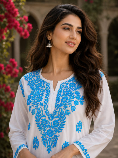Premium Soft Rayon White Kurta with Sky Blue Embroidery and Matching Palazzo