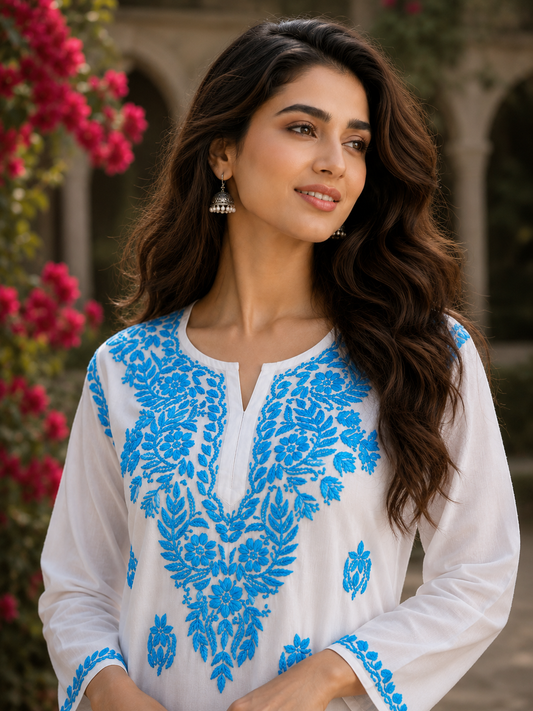 Premium Soft Rayon White Kurta with Sky Blue Embroidery and Matching Palazzo