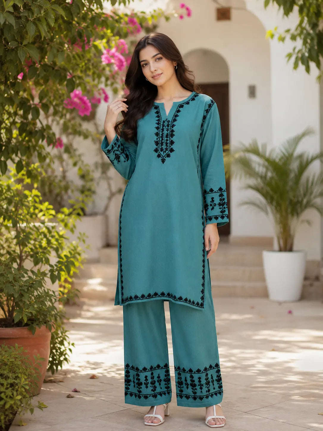 Premium Teal Blue Soft Rayon Embroidered Kurta Palazzo Set for Women with Black Floral Embroidery