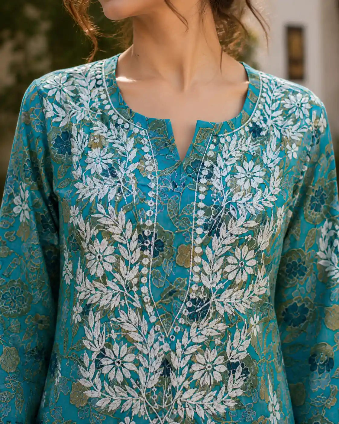 Premium Teal Blue Soft Rayon Kurta with Floral Embroidery and Palazzo