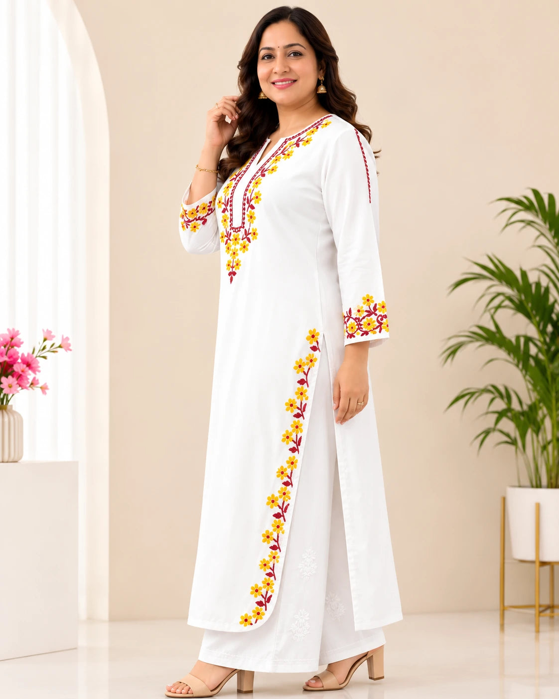 Premium White Floral Embroidered Rayon Kurti