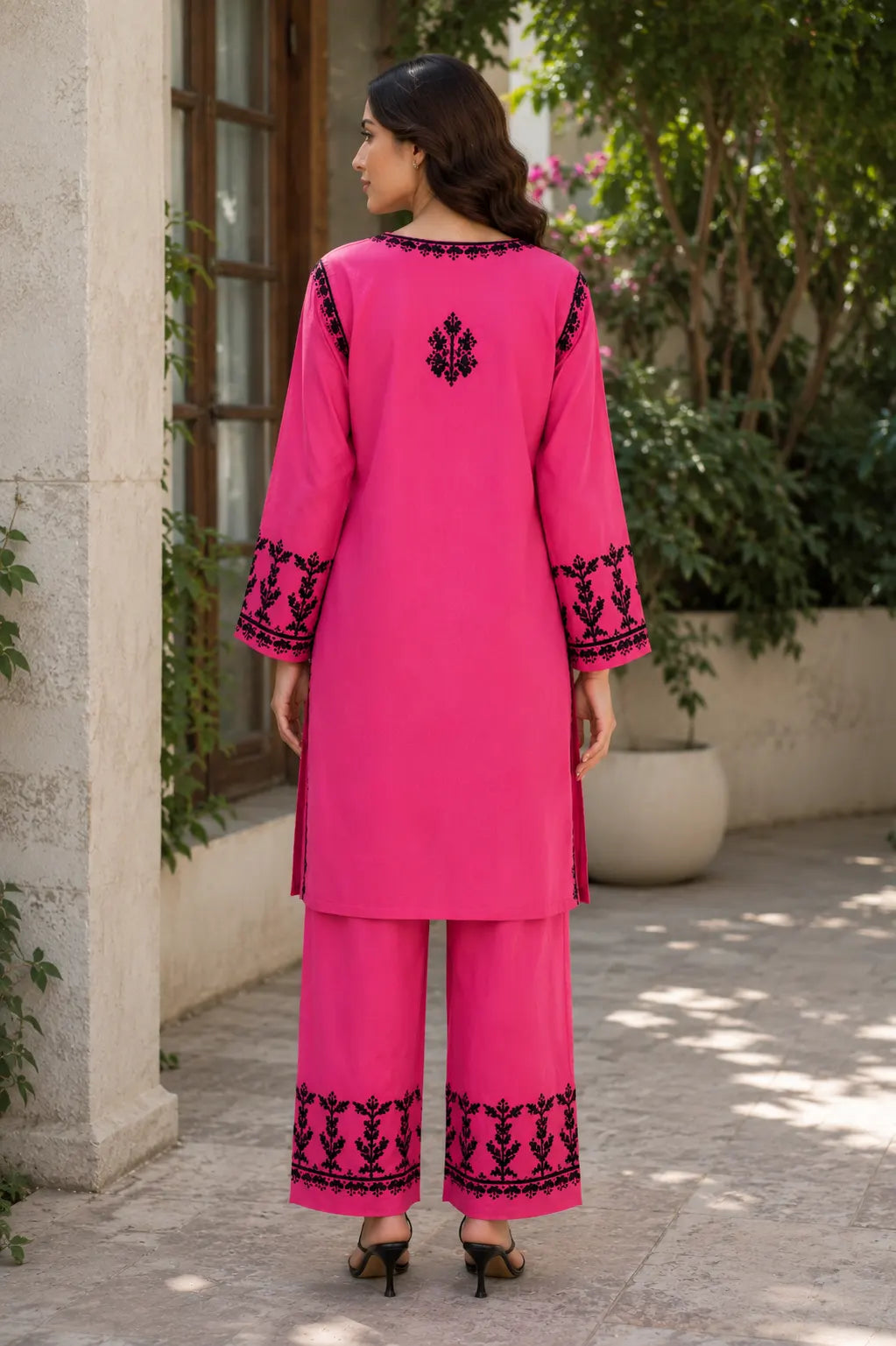 Premium Women's Soft Rayon Hot Pink Ethnic Kurta Palazzo Set with Floral Embroidery