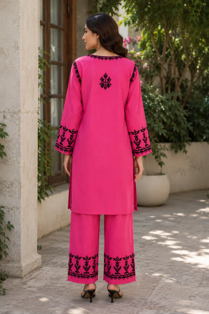Premium Women's Soft Rayon Hot Pink Ethnic Kurta Palazzo Set with Floral Embroidery