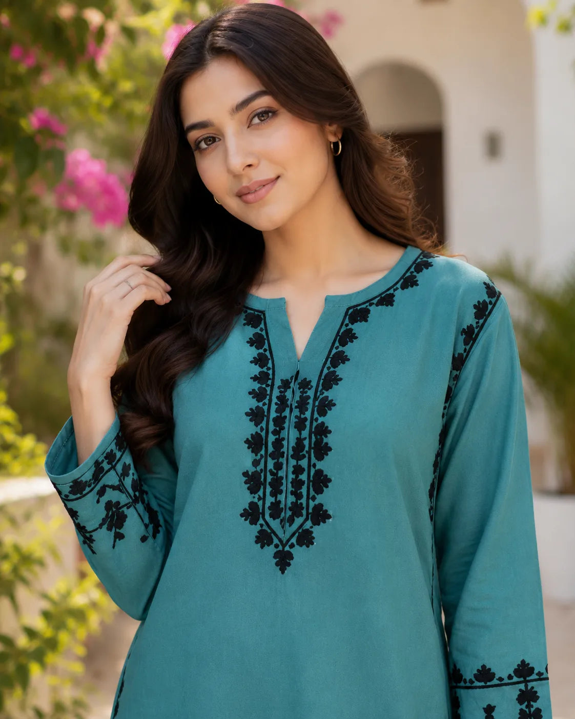 Premium Women's Soft Rayon Teal Blue Ethnic Kurta Palazzo Set with Floral Embroidery