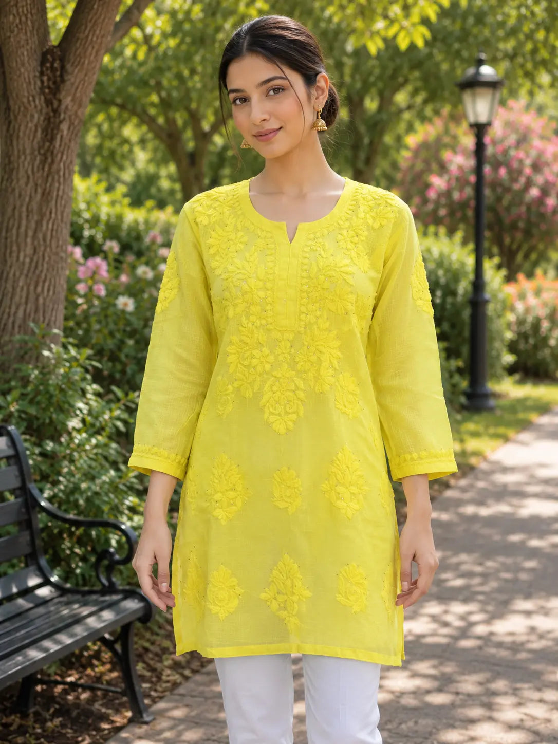 Premium Yellow Chikankari Short Kurti Front View