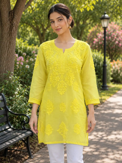 Premium Yellow Chikankari Short Kurti Front View