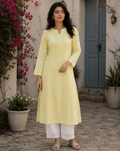 Premium cotton yellow Chikankari kurti for women with Lucknowi embroidery