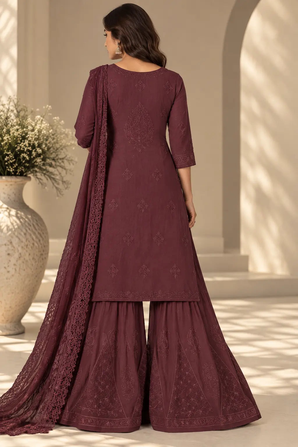 Designer maroon kurta sharara dupatta set for festive and wedding wear