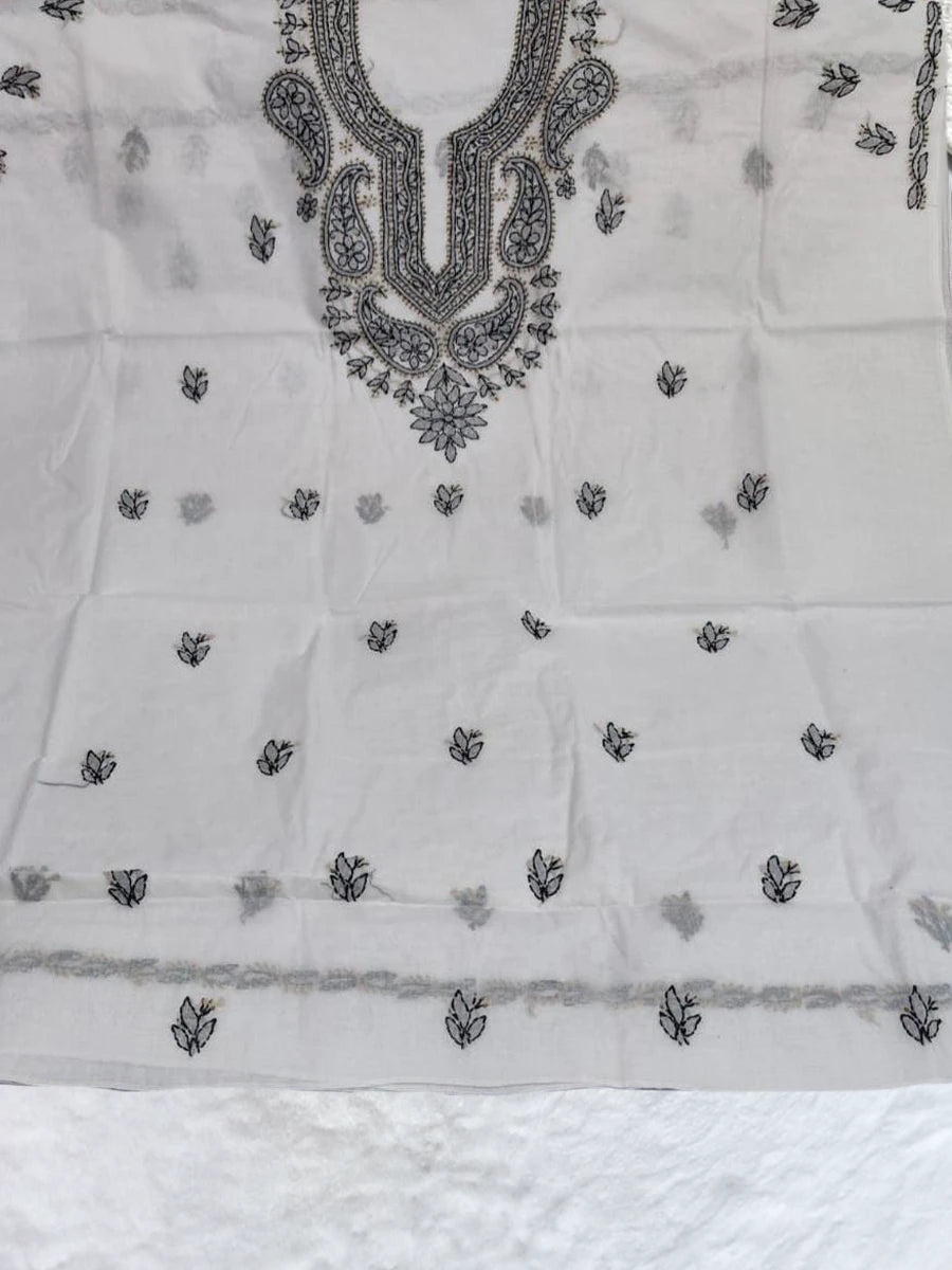 Pure white cotton dress material with subtle white-on-white embroidery in traditional design(Dniza Chikankari)

