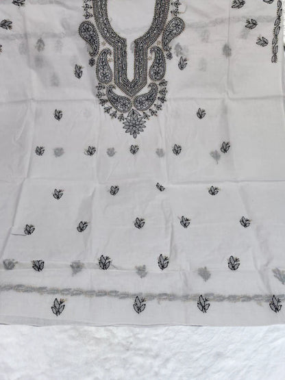 Pure white cotton dress material with subtle white-on-white embroidery in traditional design(Dniza Chikankari)

