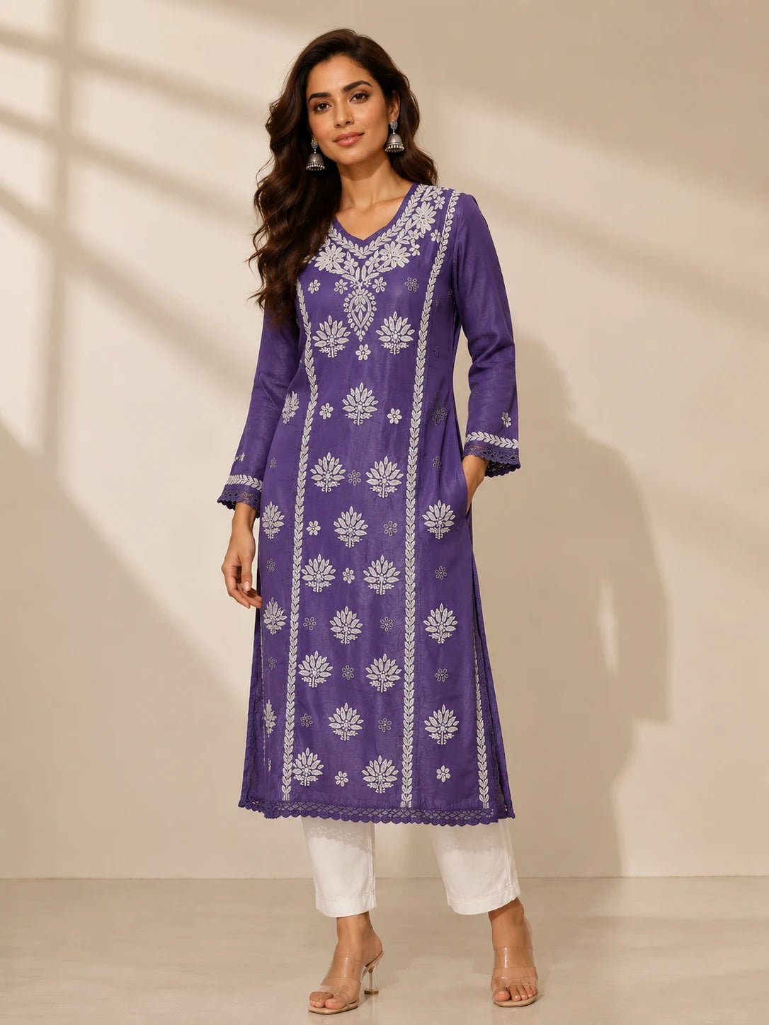 Purple Chanderi Chikankari Kurti for Women with White Embroidery