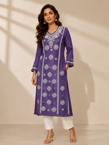 Purple Chanderi Chikankari Kurti for Women with White Embroidery