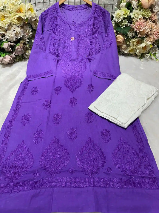 Purple Dobby Cotton Chikankari Kurti – Stylish Festive Wear in Woven Textured Cotton