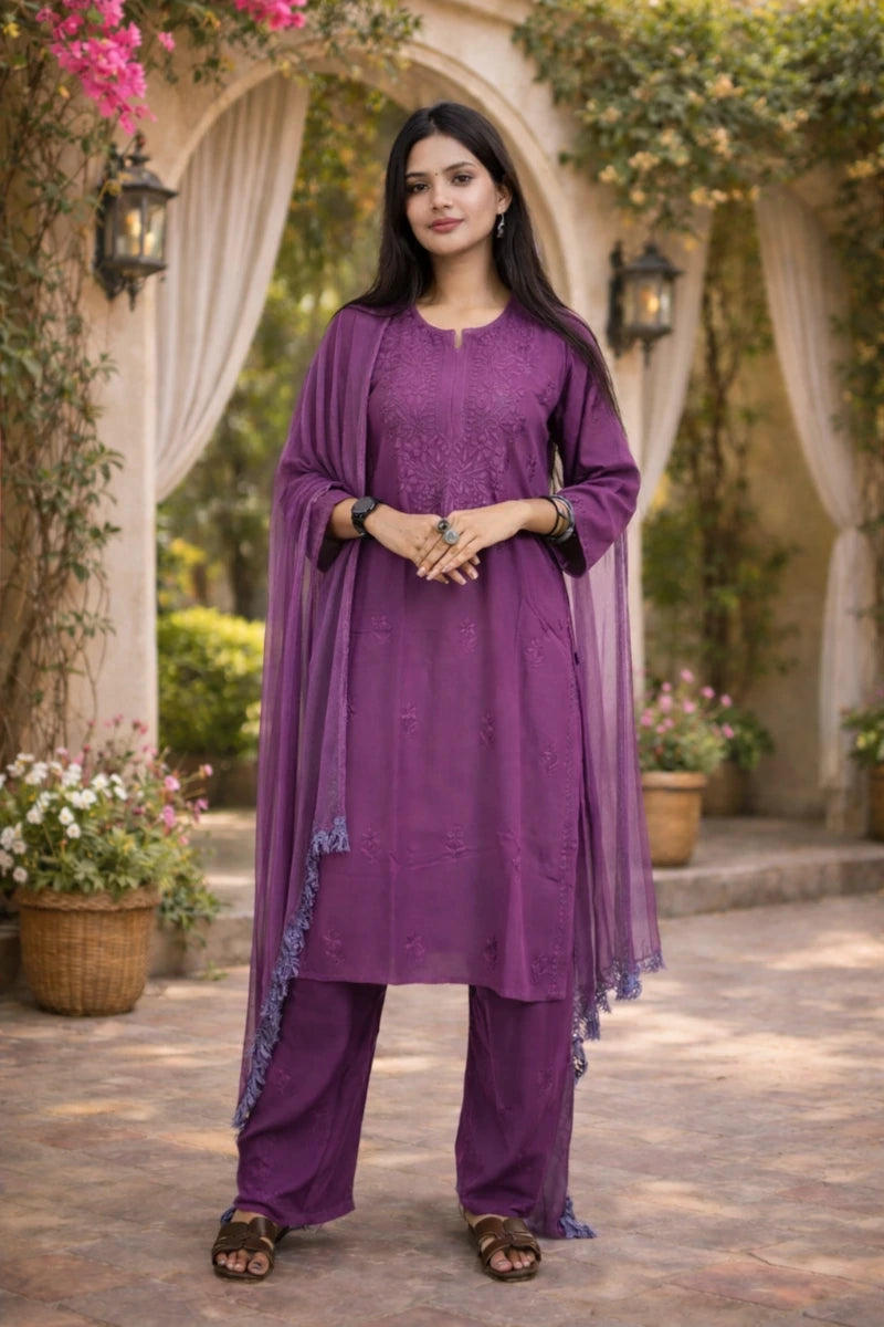 Purple rayon chikankari kurti with pant and dupatta – 3 piece dress for womens