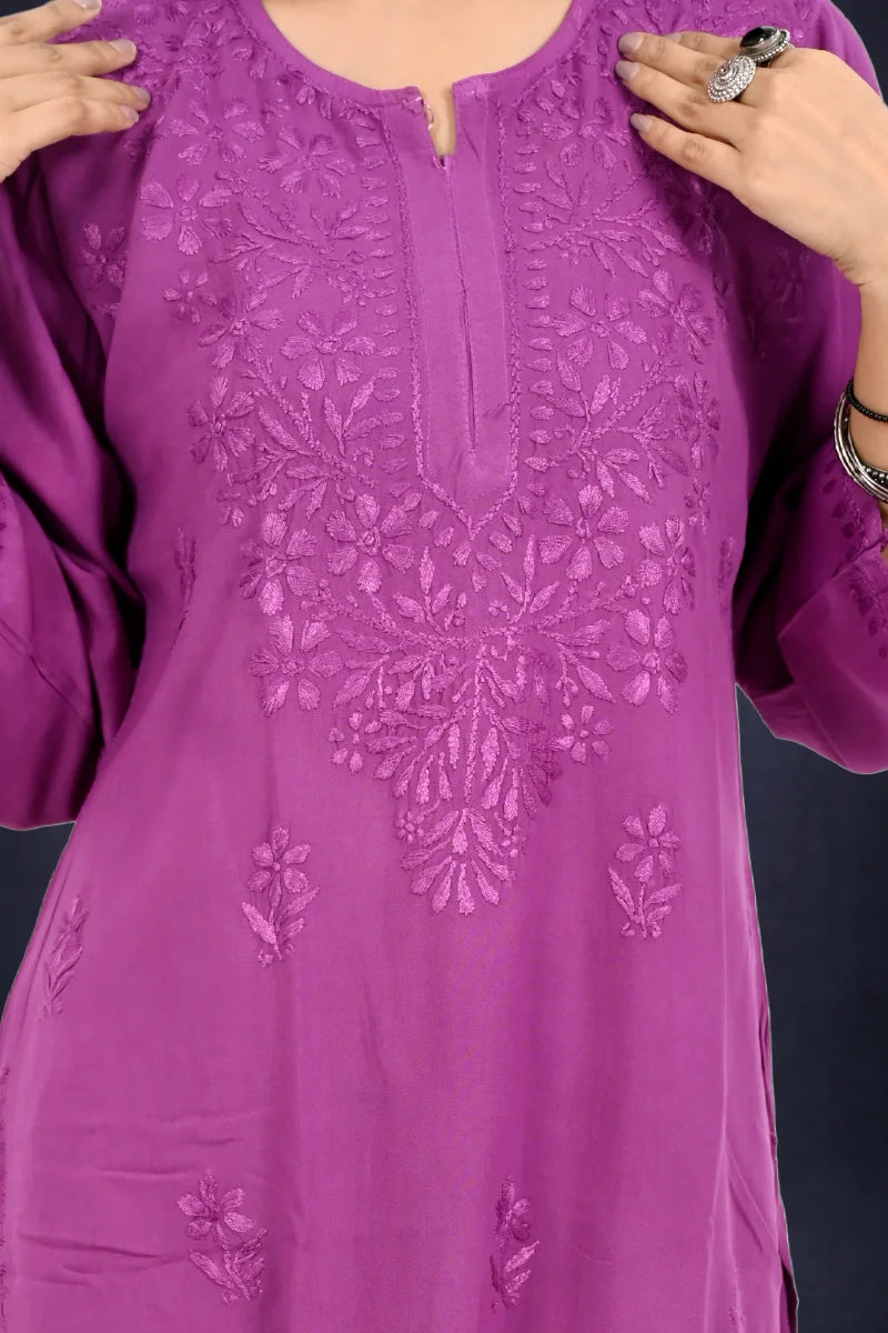 Purple rayon chikankari kurti with pant and dupatta – 3 piece dress for womens front