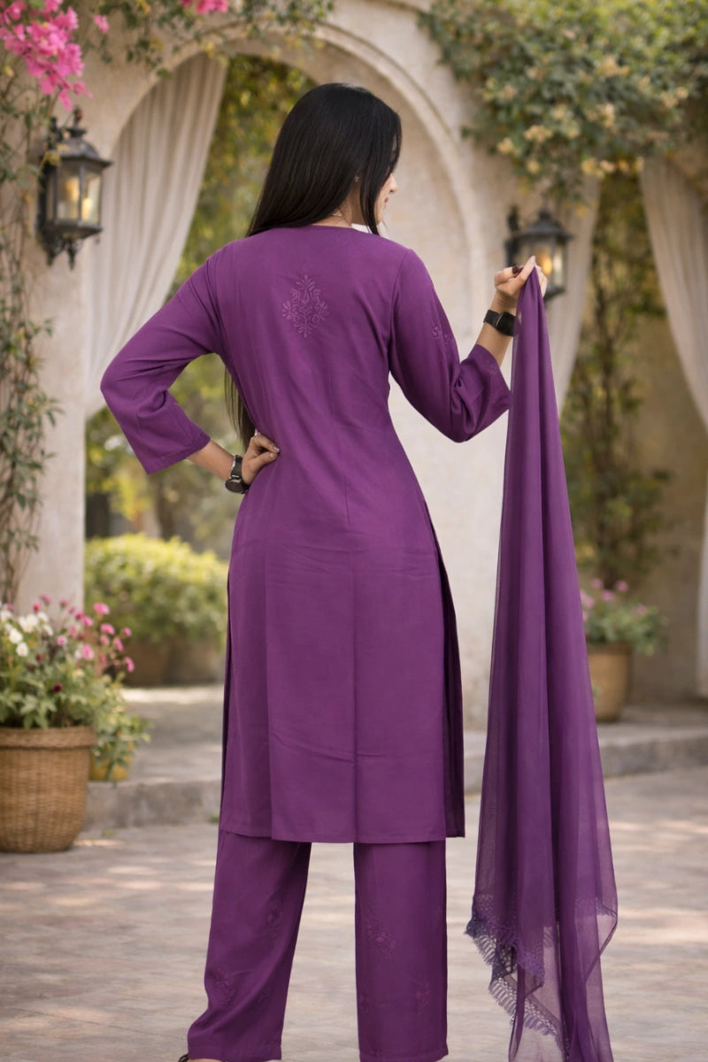 Purple rayon kurti pant dupatta set – elegant chikankari ethnic wear for women
