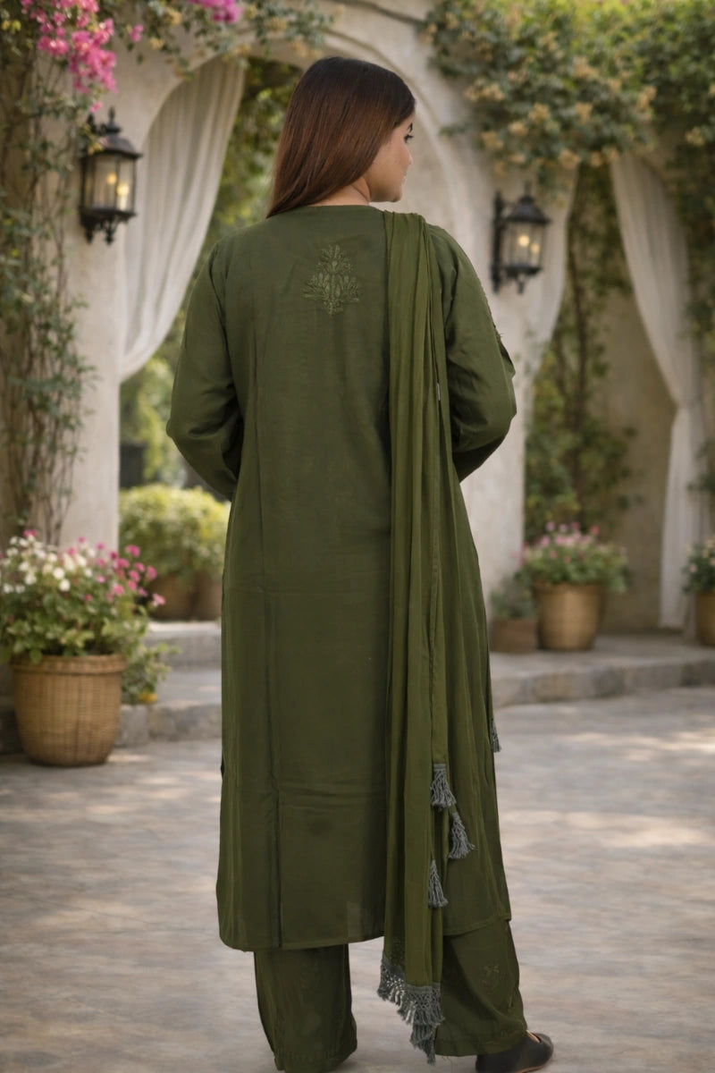 Rama green rayon chikankari kurti set for women featuring hand embroidery and comfortable pant-dupatta set