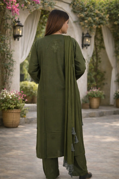 Rama green rayon chikankari kurti set for women featuring hand embroidery and comfortable pant-dupatta set