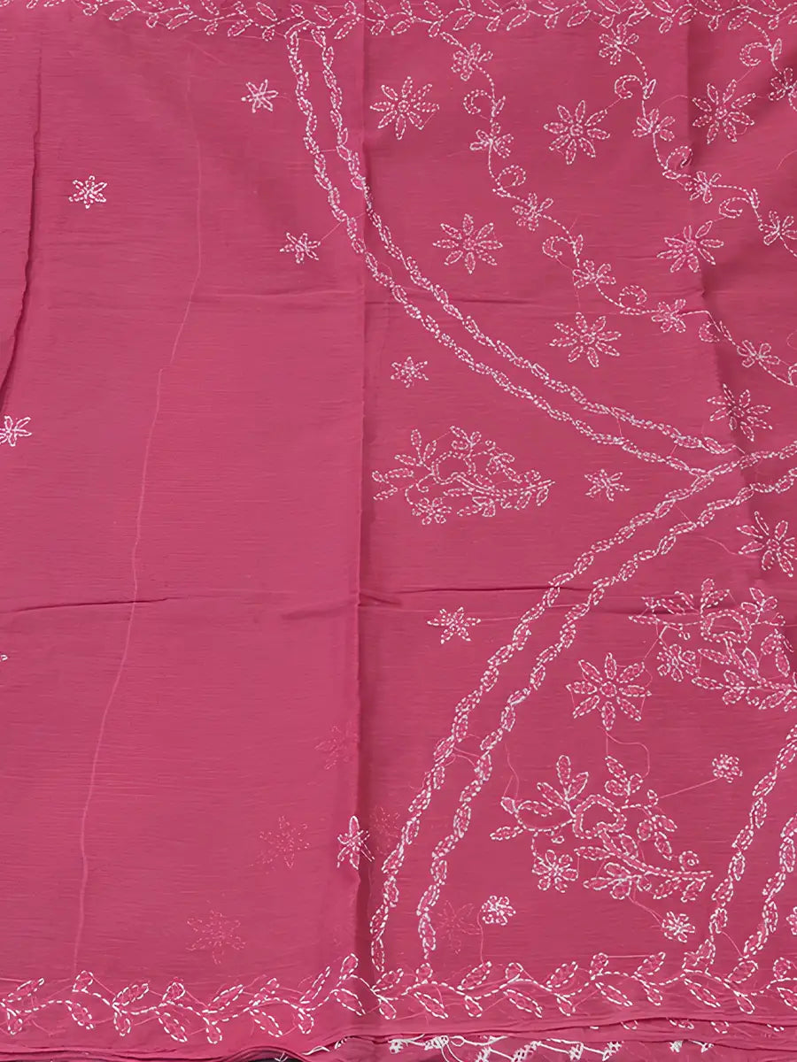 Rani pink cotton saree featuring white floral shadow embroidery for an elegant festive look(Dniza Chikankari)