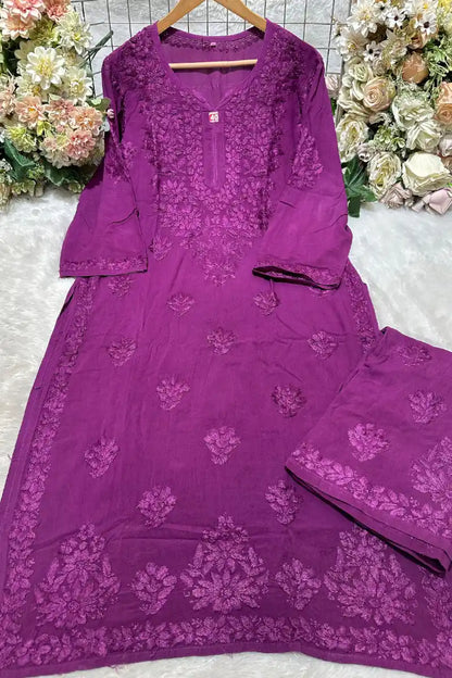 Rani purple rayon embroidered 3 boota kurti set with matching bottom