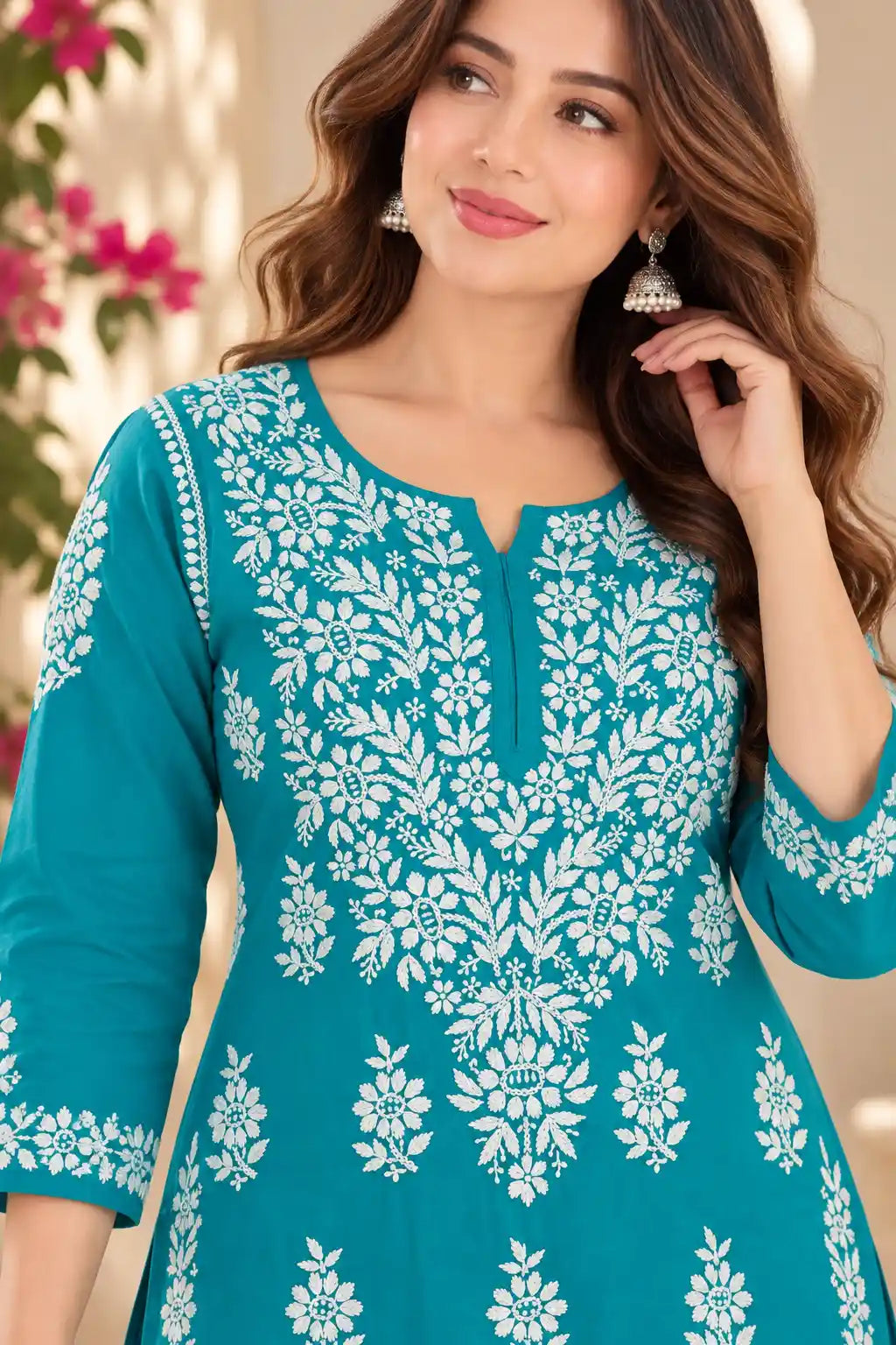 Rayon Chikankari Kurta Pant Set for Women in Teal Blue