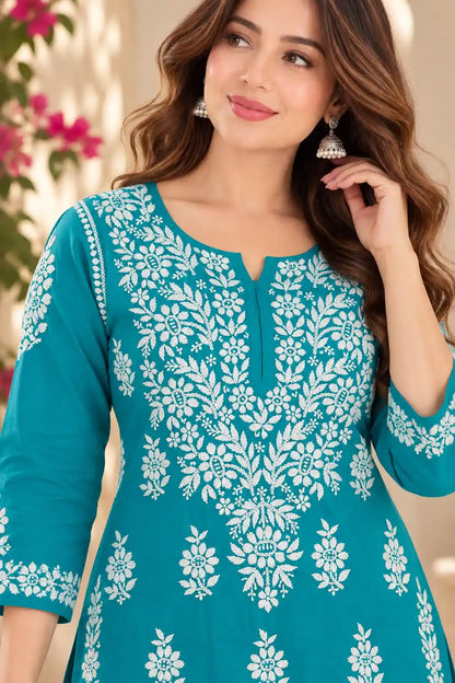 Rayon Chikankari Kurta Pant Set for Women in Teal Blue