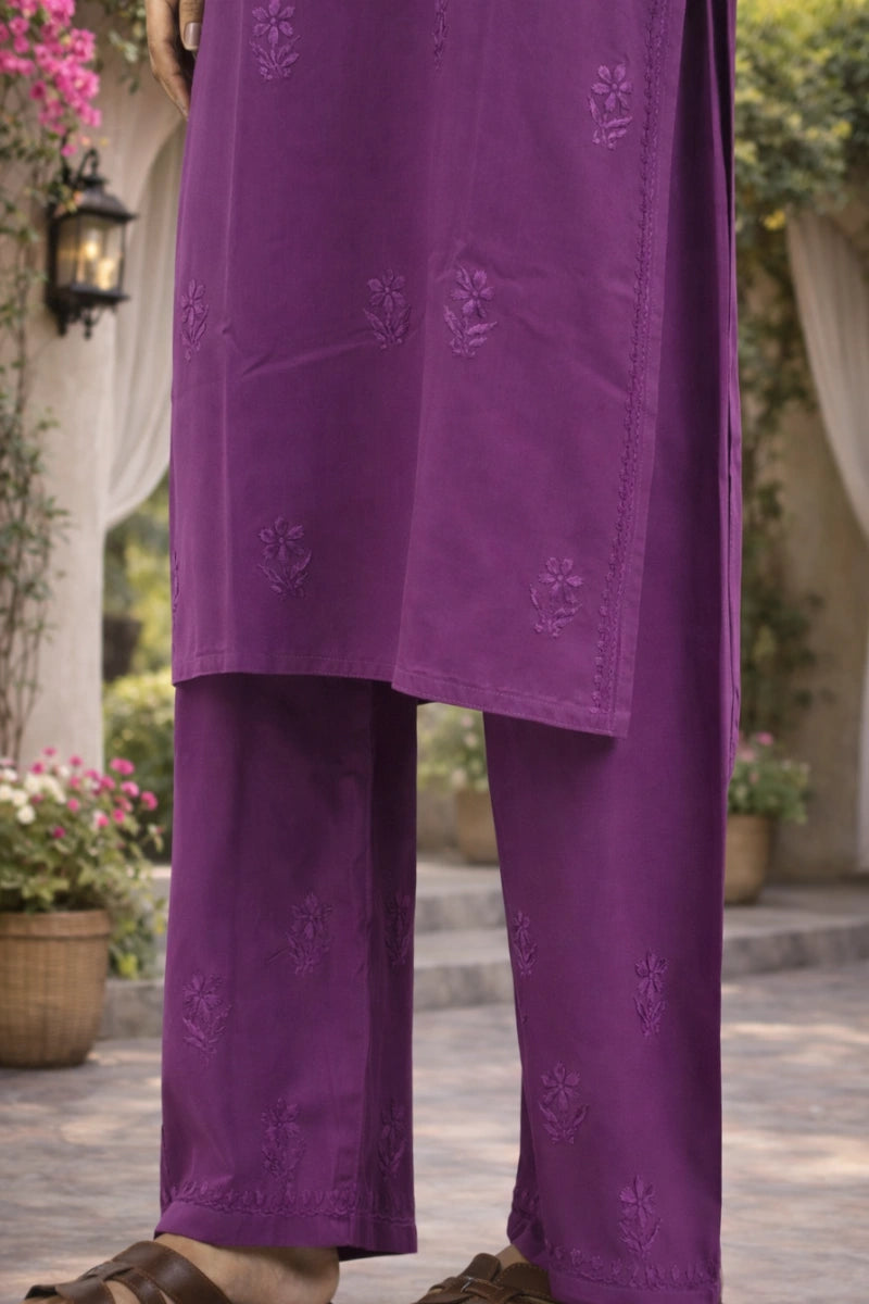 Rayon chikankari kurti set for women – purple 3 piece dress for womens