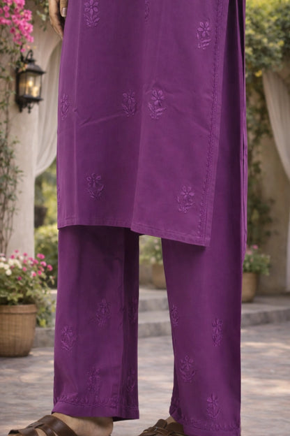 Rayon chikankari kurti set for women – purple 3 piece dress for womens