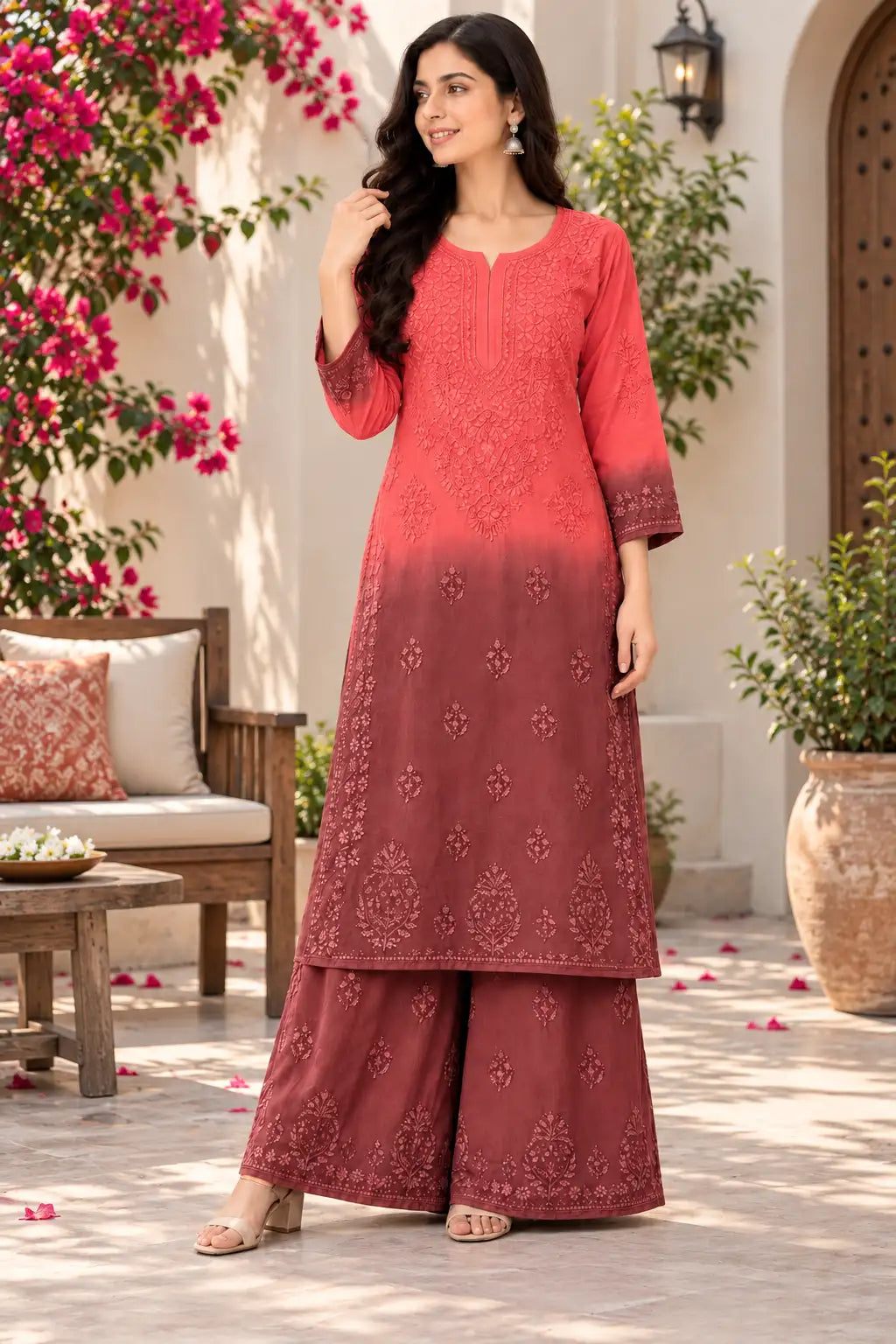 Rayon double-sided embroidered kurti palazzo set for women