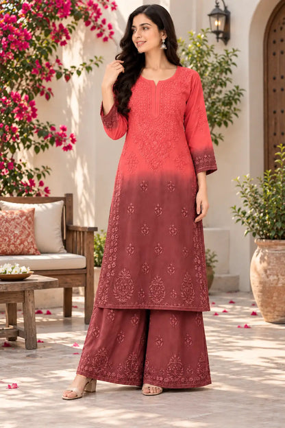 Rayon double-sided embroidered kurti palazzo set for women