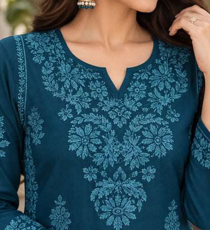 Rayon kurta pant set with embroidered neckline and floral motifs