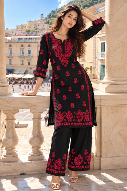 Red Rayon Chikankari Kurta Pant Set with Floral Embroidery