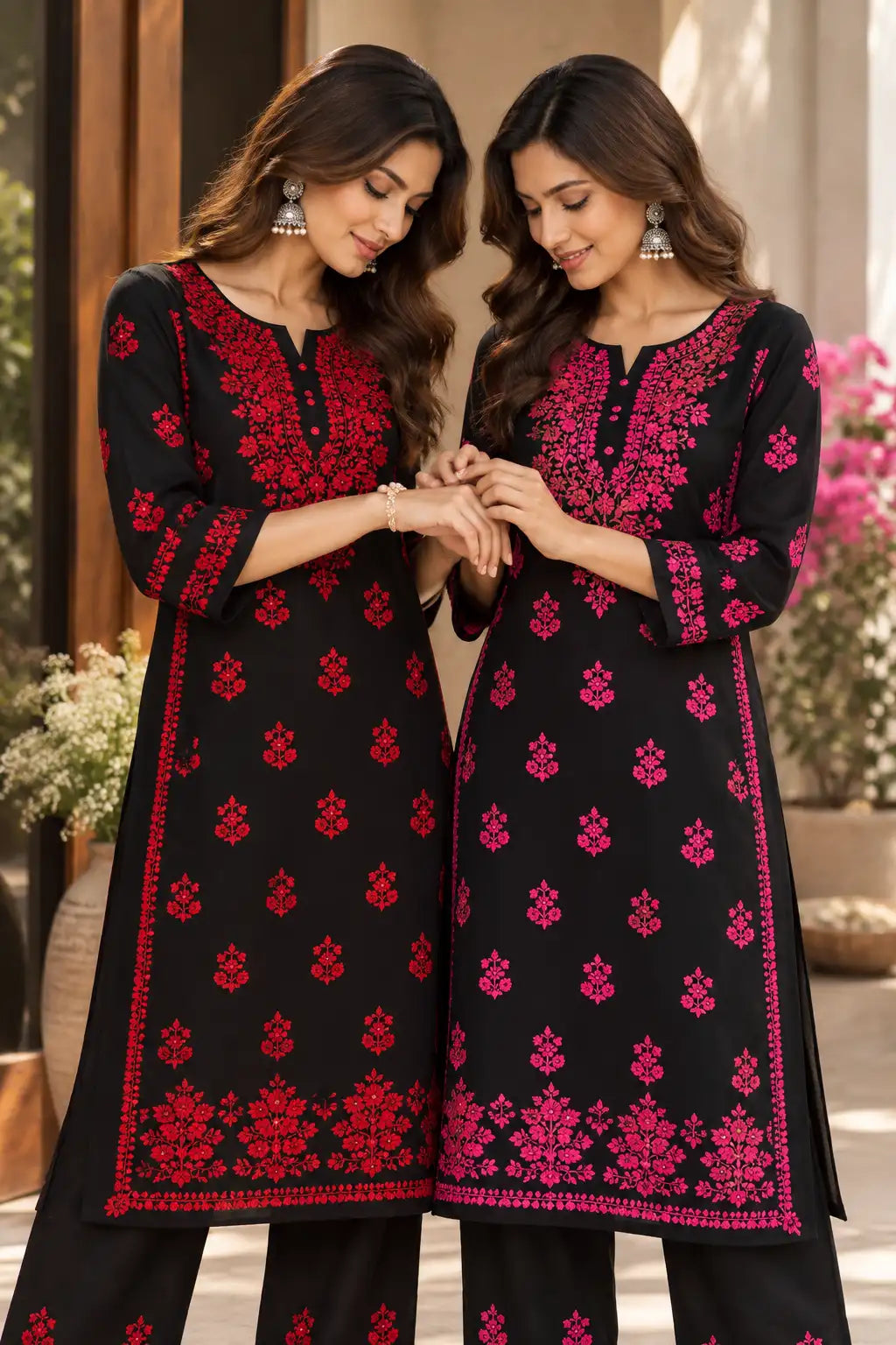 Red and Pink Floral Chikankari Kurta Pant Set