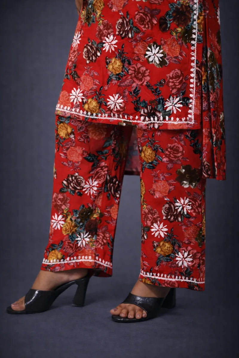 Red printed chikankari kurti with matching plazo for daily wear