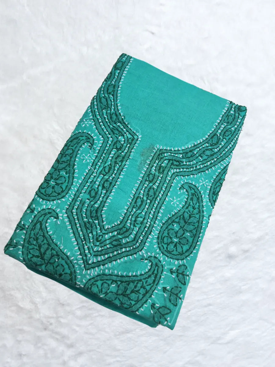 Refreshing aqua green cotton fabric with neat white embroidery detailing.
