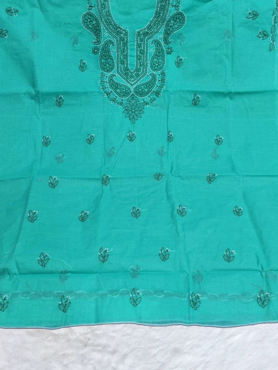 Refreshing aqua green cotton fabric with neat white embroidery detailing(Dniza Chikanakri)