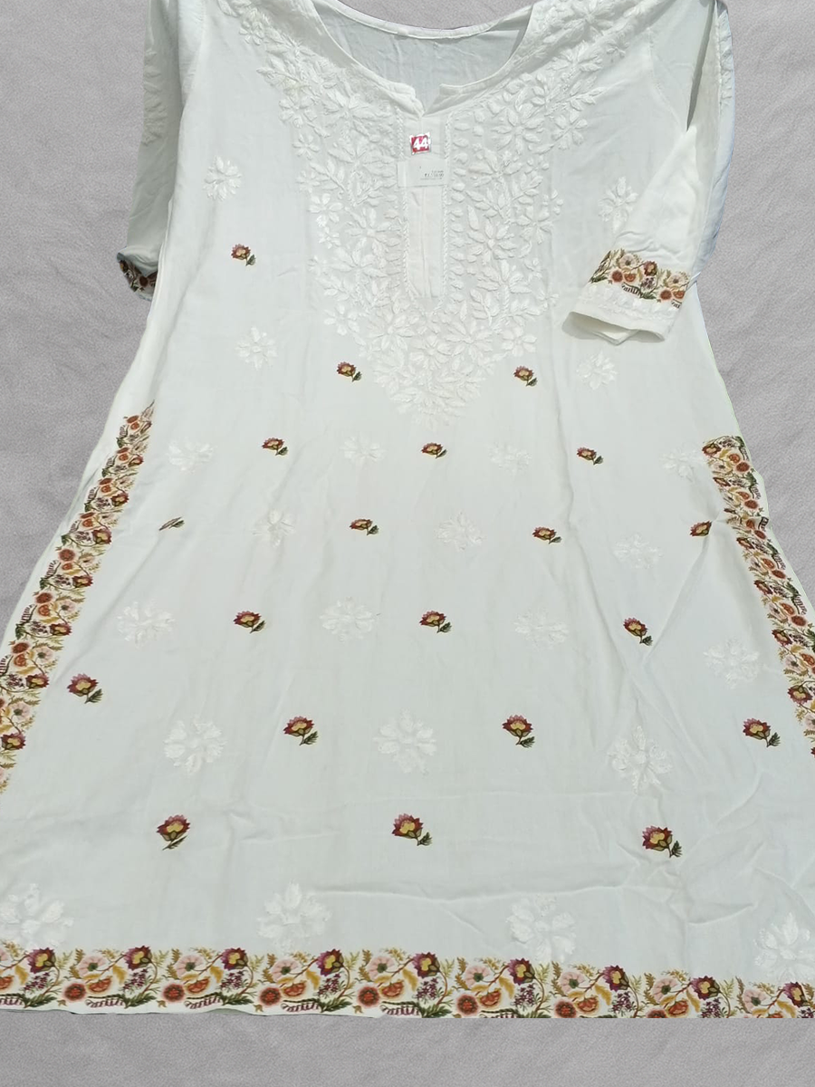 Reyon plazo set with floral border print on kurti and Ghaas Patti elements.