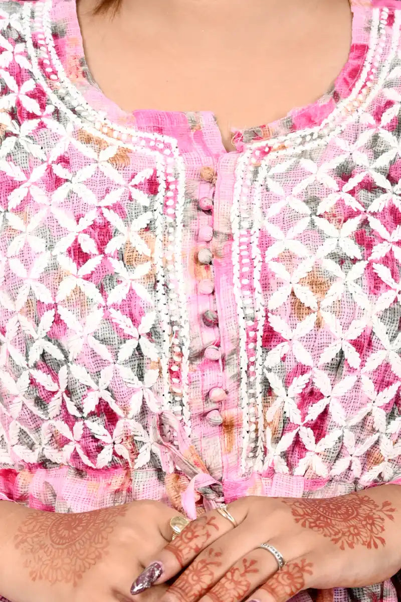 Rose Wine – Chikankari Floral Frock 