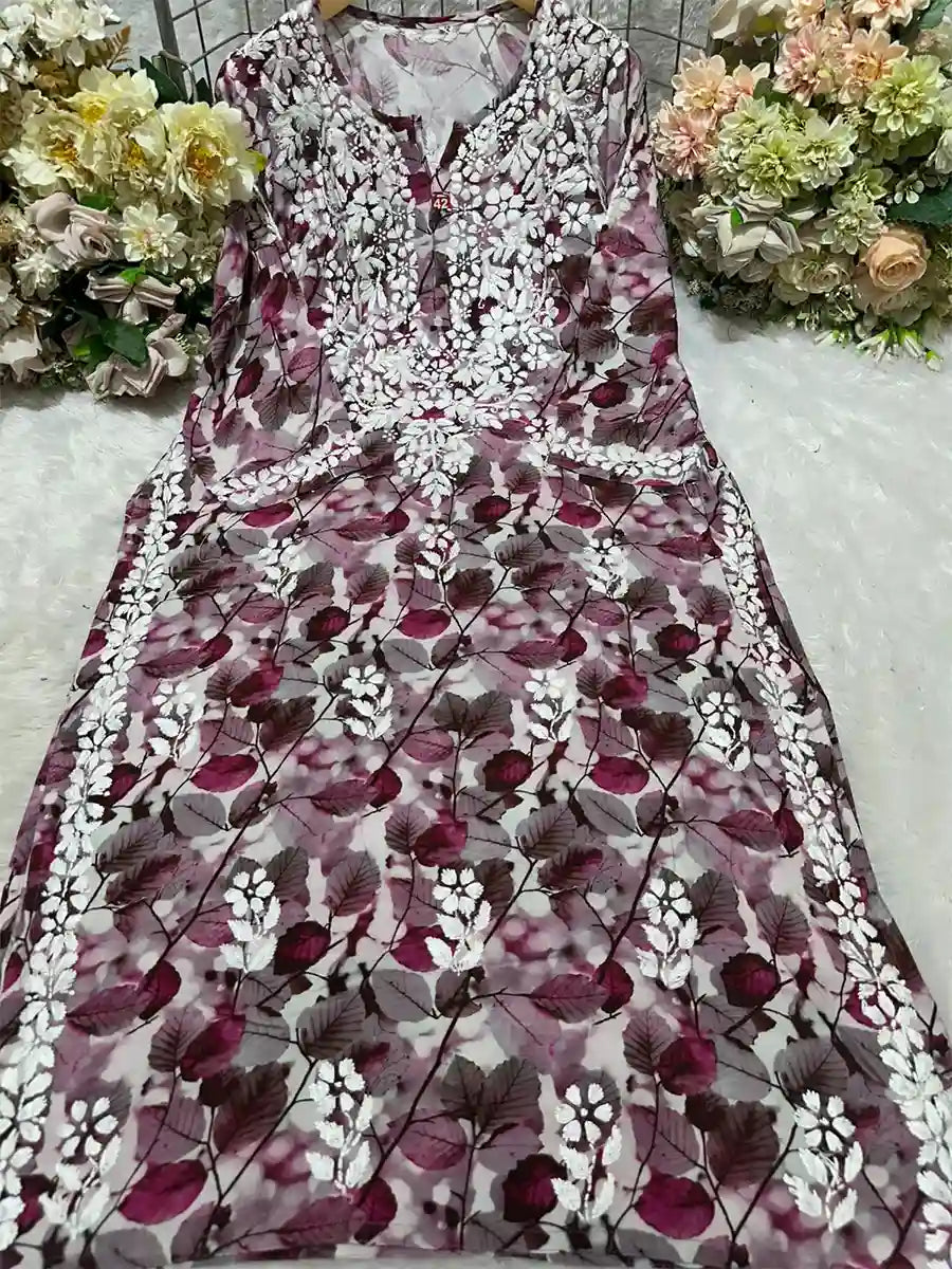Rosewood Pink – Rayon Printed Kurti with White Gala Booti Embroidery