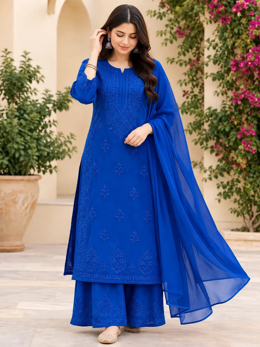 Rayon Chikankari Embroidered Kurta Palazzo Set with Dupatta